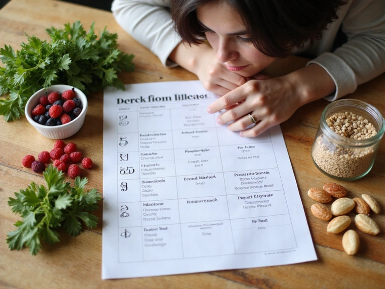 A person looking thoughtfully at a nutrition plan, surrounded by fresh ingredients.