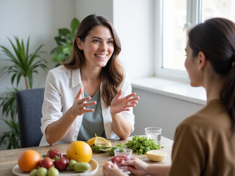 A smiling health coach explaining concepts to a client, with healthy food items on a table.
