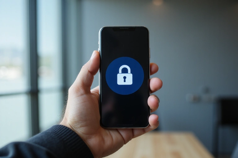 A person's hand holding a smartphone with a lock icon on the screen, symbolizing data privacy.