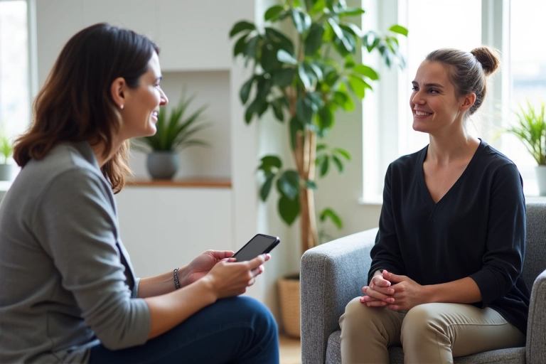 Health coach and client having a focused one-on-one consultation
